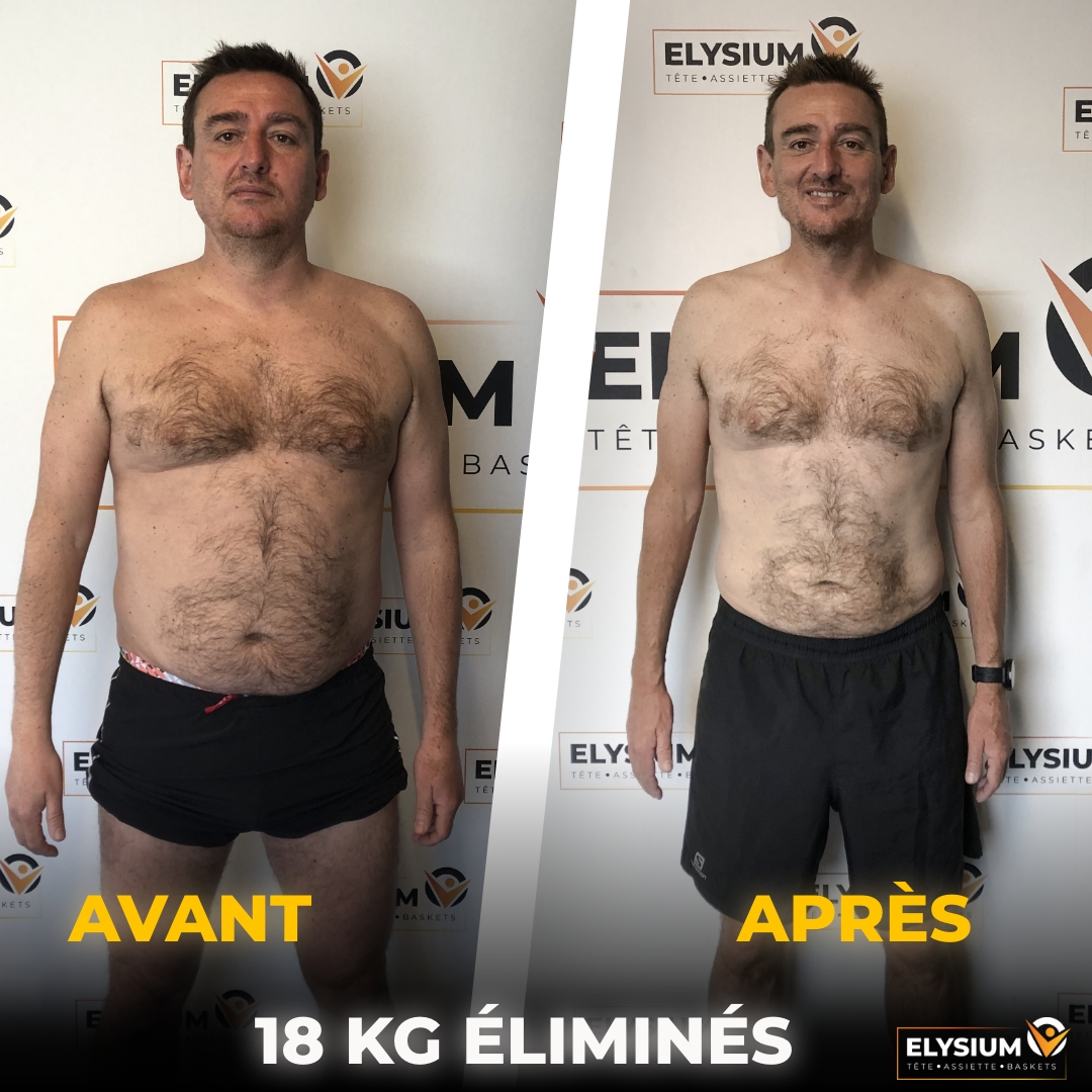 Transformation avant après d'Aymeric de face avec 18 kg éliminés